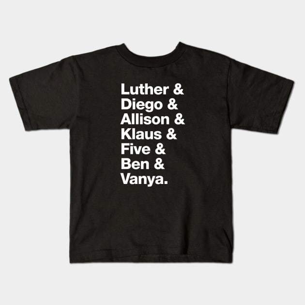 The Umbrella Academy Character Names - White Kids T-Shirt by viking_elf